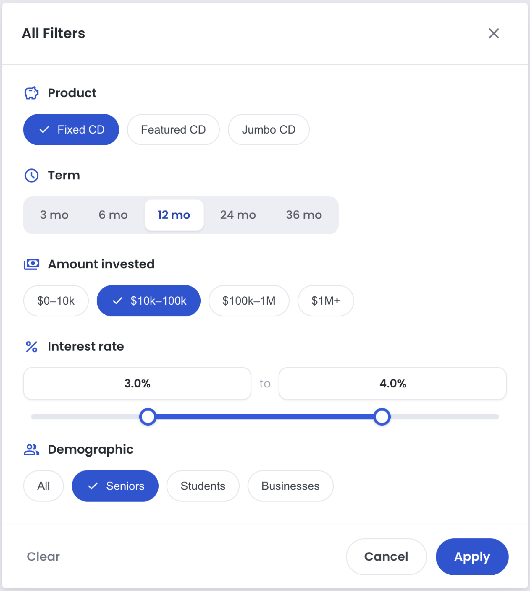 Filter direction three: a compact single view using pill toggles and segmented controls for each filter.